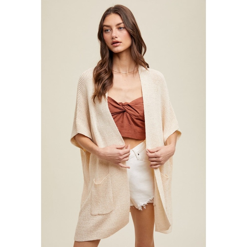 Beige Drop Shoulder Side Pocket 3/4 Sleeve Cardigan