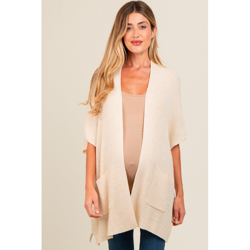 Beige Drop Shoulder Side Pocket 3/4 Sleeve Maternity Cardigan