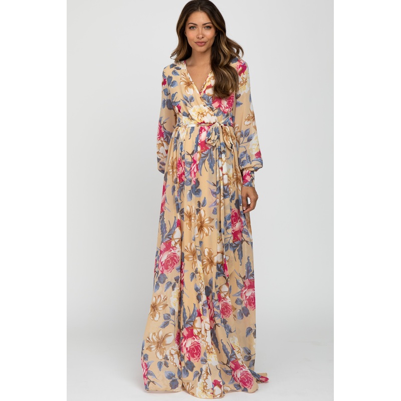 Beige Floral Chiffon Maternity Maxi Dress