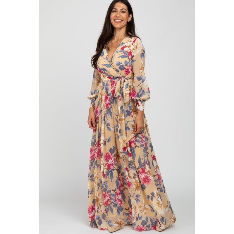 Beige Floral Chiffon Maxi Dress