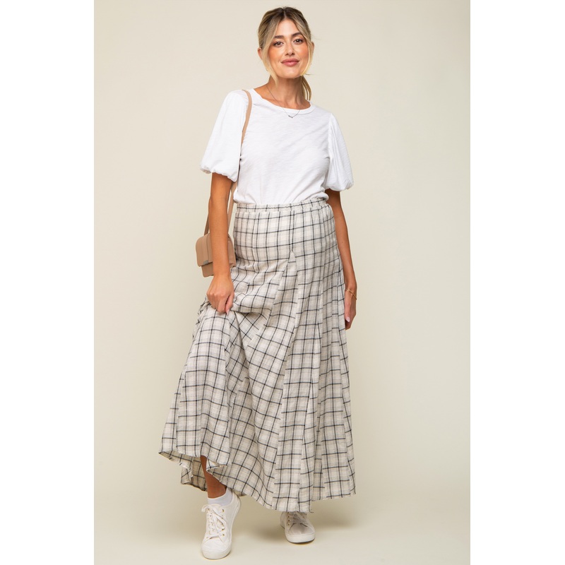 Beige Plaid Linen Maternity Maxi Skirt