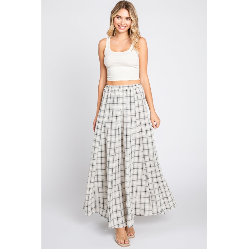Beige Plaid Linen Maxi Skirt