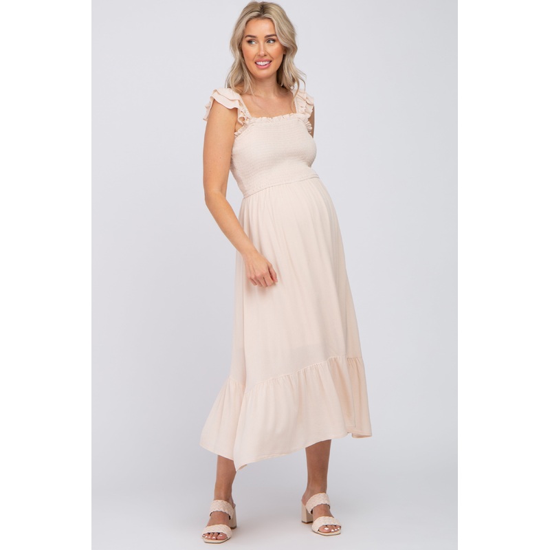 Beige Smocked Ruffle Accent Sleeveless Maternity Midi Dress