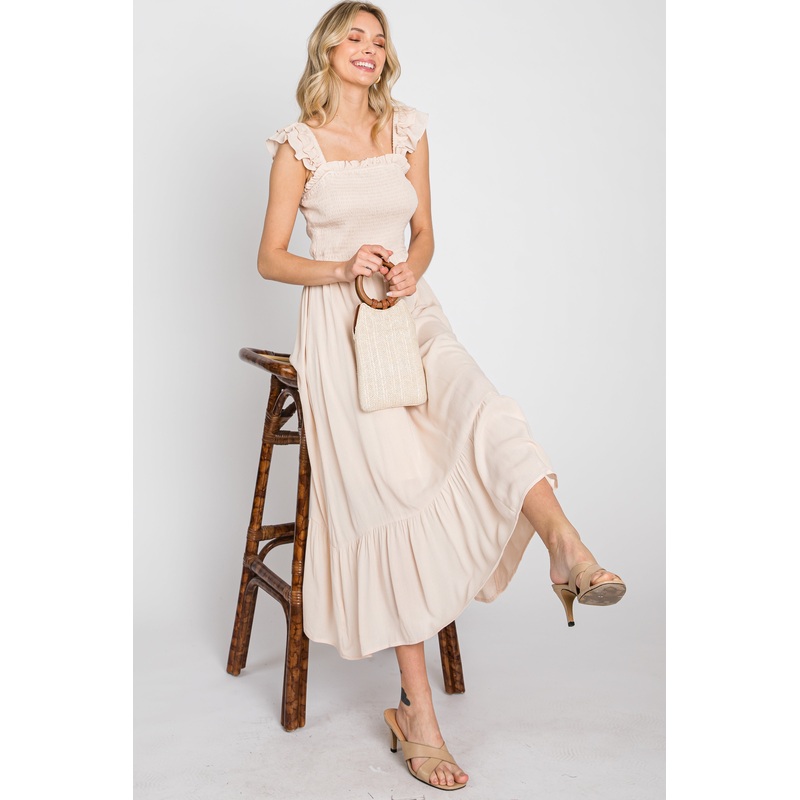 Beige Smocked Ruffle Accent Sleeveless Midi Dress