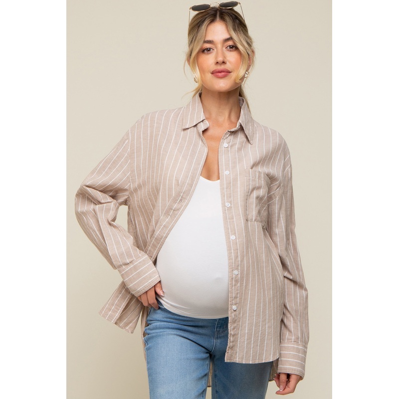 Beige Striped Button Up Long Sleeve Linen Maternity Top