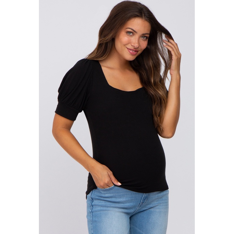Black Knit Puff Sleeve Maternity Top