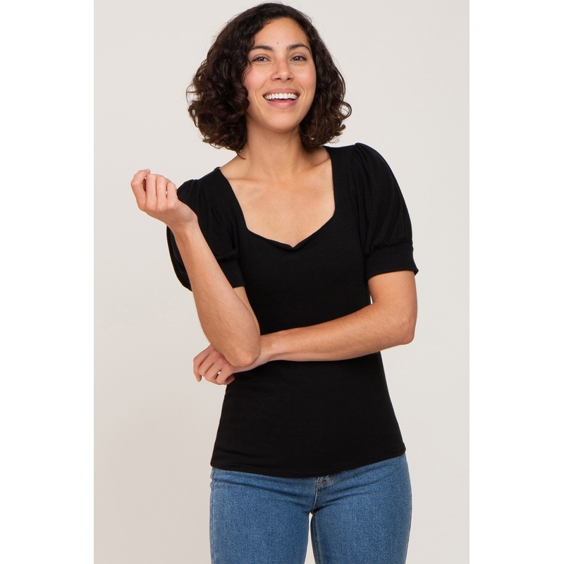 Black Knit Puff Sleeve Top