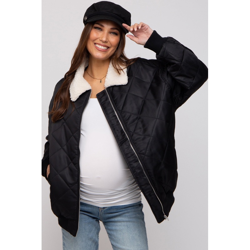Black Quilted Sherpa Collar Maternity Jacket