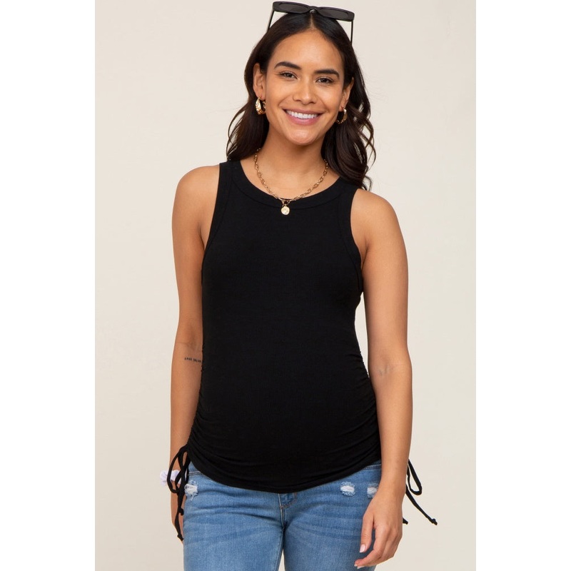 Black Ruched Tie Maternity Tank Top