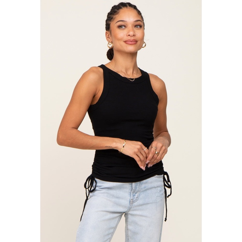 Black Ruched Tie Tank Top