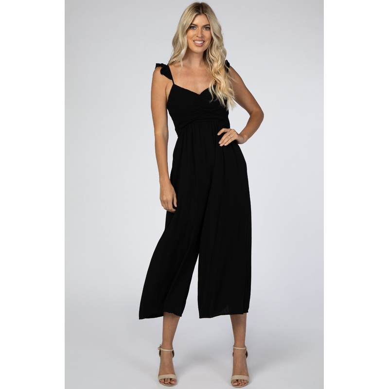 Black Smocked Ruffle Accent Jumpsuit