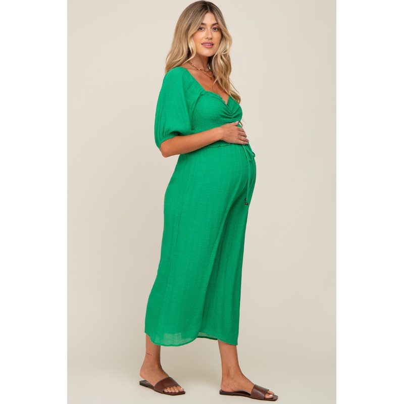 Green Smocked Drawstring Front Short Sleeve Maternity Jumpsuit