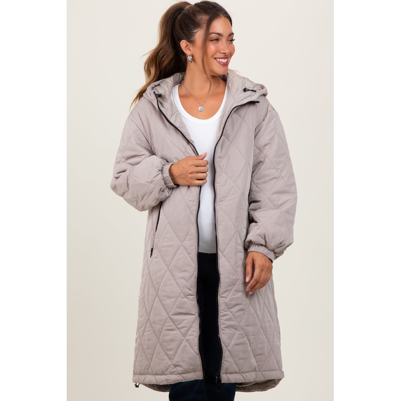 Light Mocha Quilted Long Maternity Puffer Jacket
