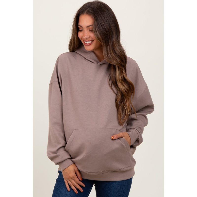 Taupe Basic Maternity Hoodie Sweatshirt