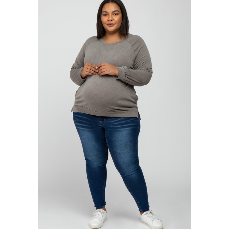 Taupe Hi- Low Side Slit Long Sleeve Maternity Plus Top