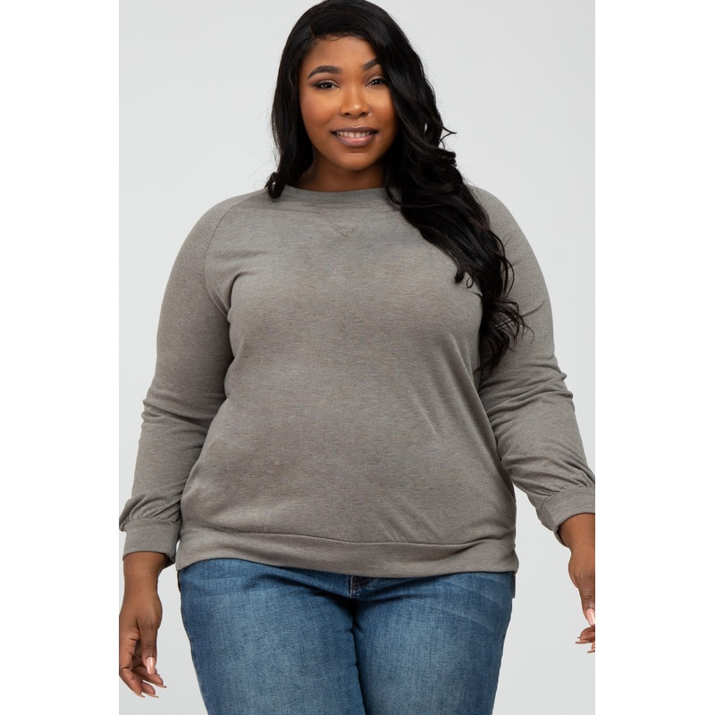 Taupe Hi- Low Side Slit Long Sleeve Plus Top