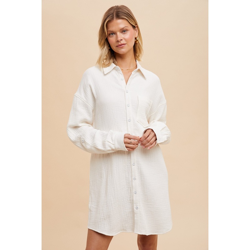 White Rolled Cuff Button Down Dress