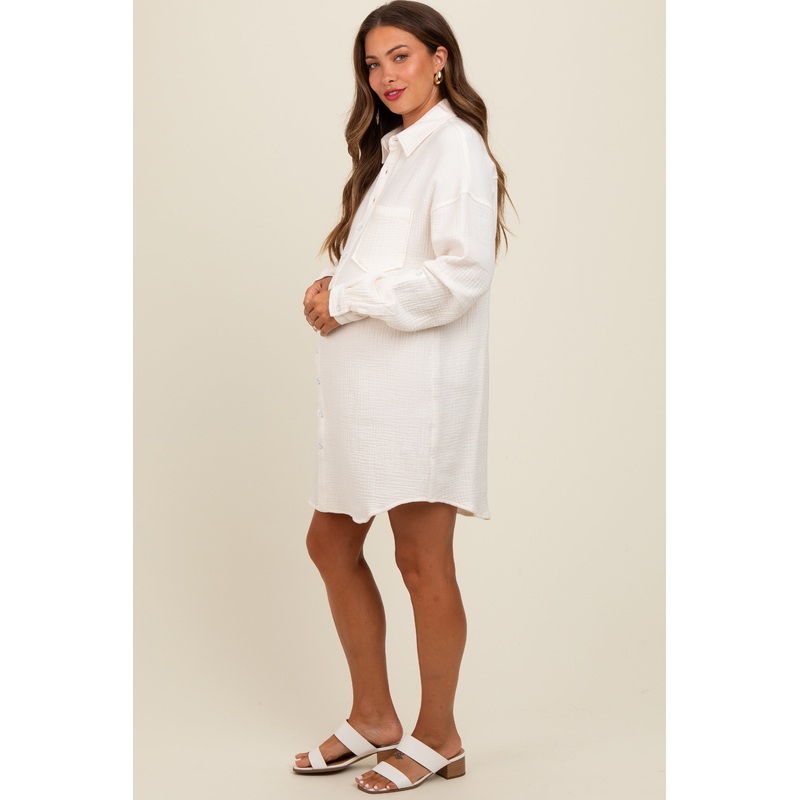 White Rolled Cuff Maternity Button Down Dress