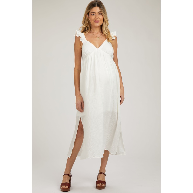 White Ruffle Strap Maternity Midi Dress