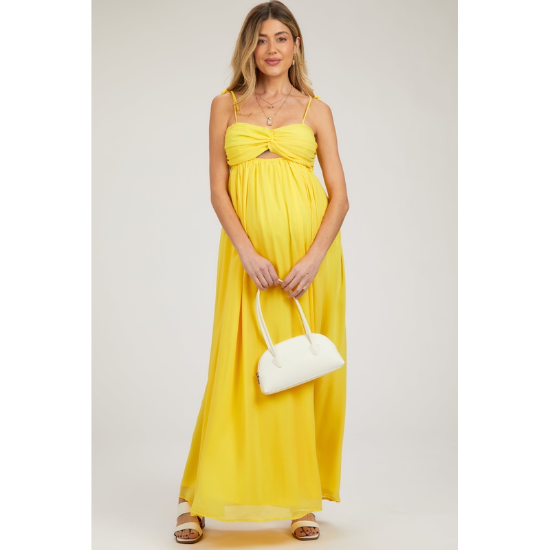 Yellow Chiffon Sleeveless Cutout Front Maternity Maxi Dress