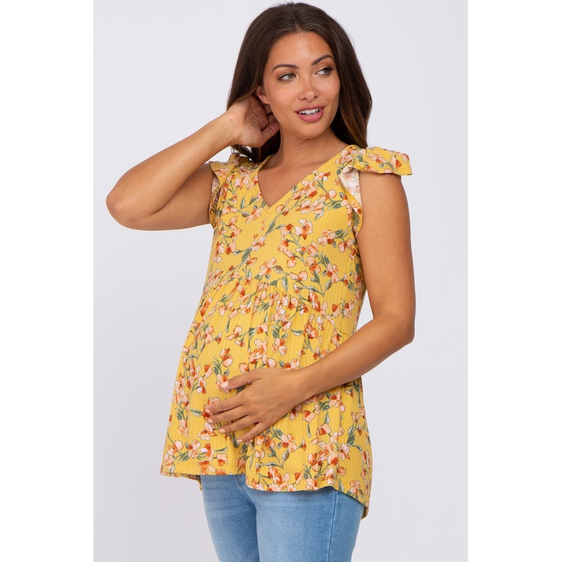 Yellow Floral Ribbed Ruffle Sleeve Maternity Top