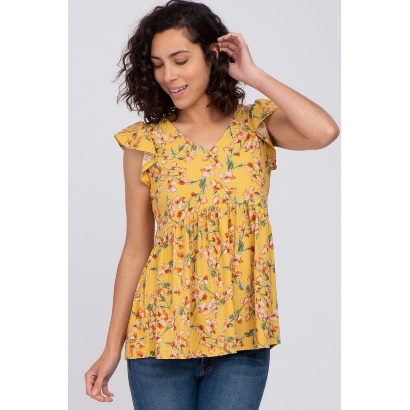 Yellow Floral Ribbed Ruffle Sleeve Top