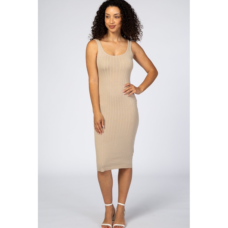 Beige Sleeveless Fitted Ribbed Dress