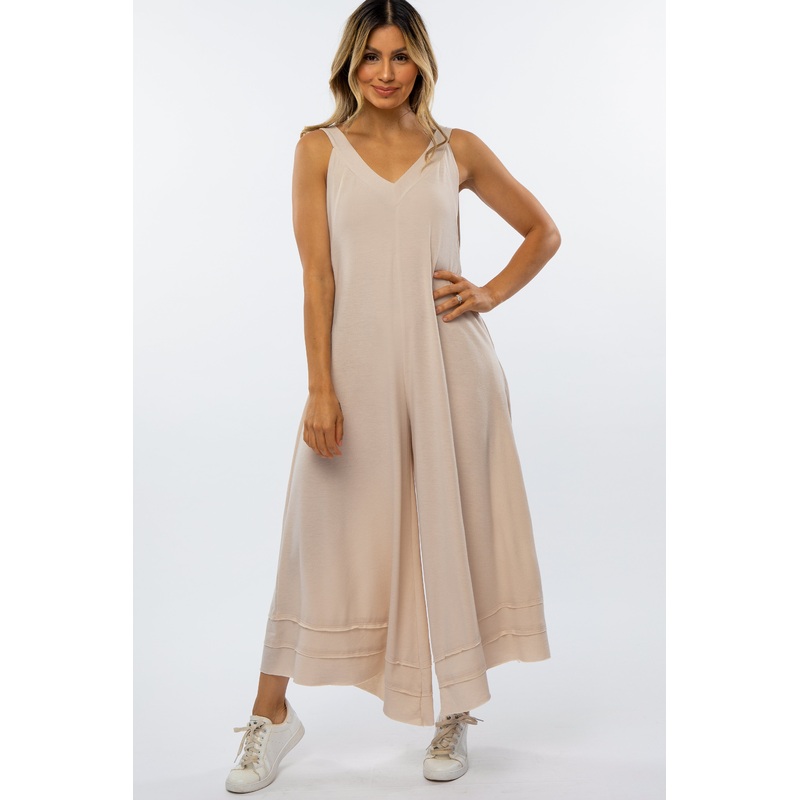 Beige Terry Wide Leg Jumpsuit