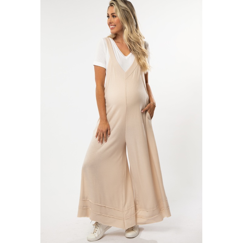 Beige Terry Wide Leg Maternity Jumpsuit