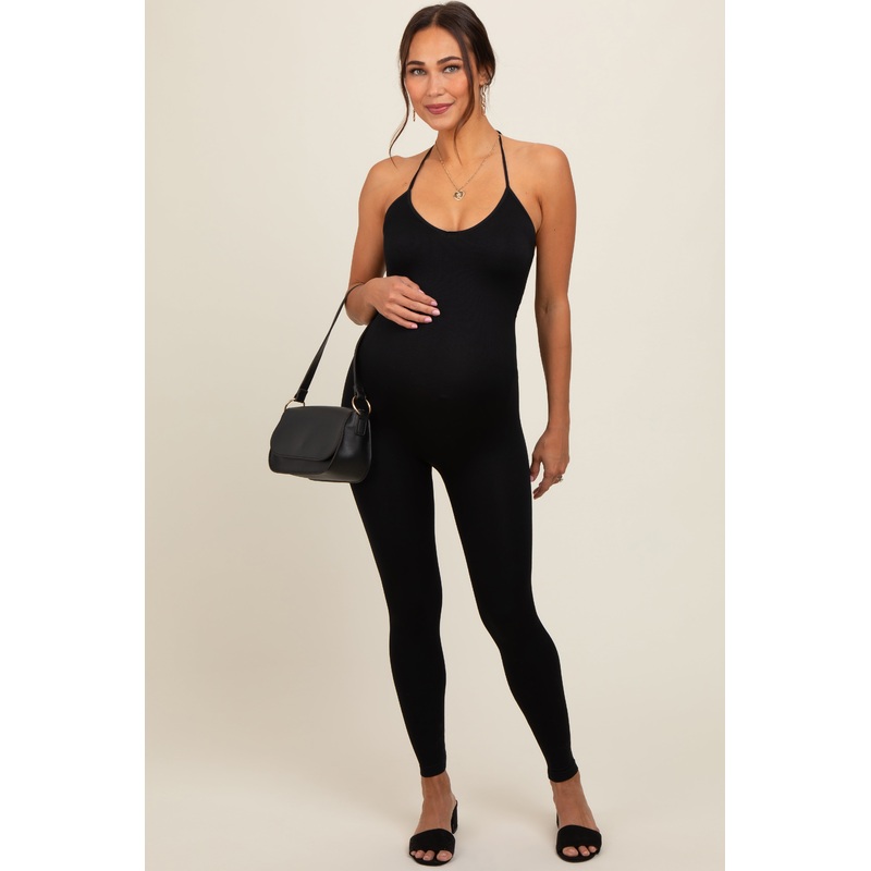 Black Halter Maternity Fitted Jumpsuit