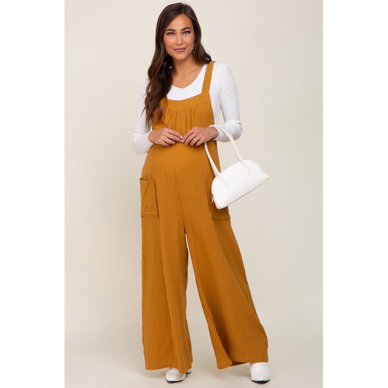 Camel Wide Leg Tie Back Maternity Overalls