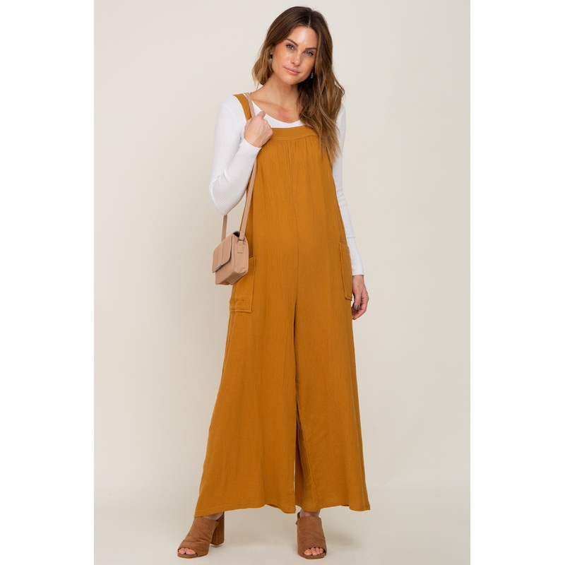 Camel Wide Leg Tie Back Overalls