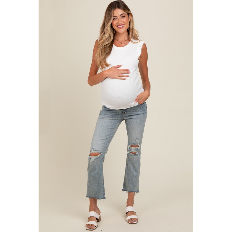 Light Blue Distressed Open Knee Cropped Flare Maternity Jeans