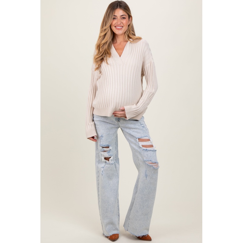 Light Blue Distressed Open Knee Wide Leg Maternity Jeans