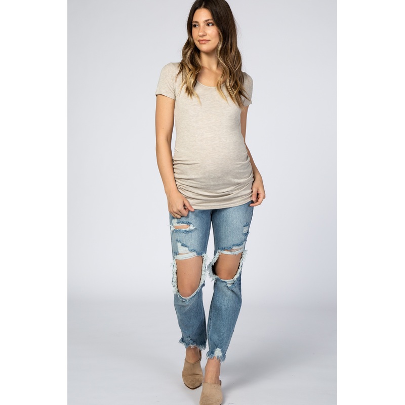 Light Blue Open Knee Distressed Cropped Maternity Jeans