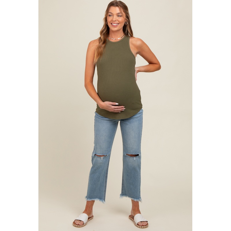 Light Blue Open Knee Fringe Hem Straight Leg Maternity Jeans