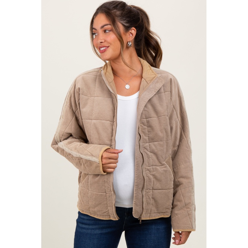 Light Taupe Quilted Corduroy Maternity Puffer Jacket