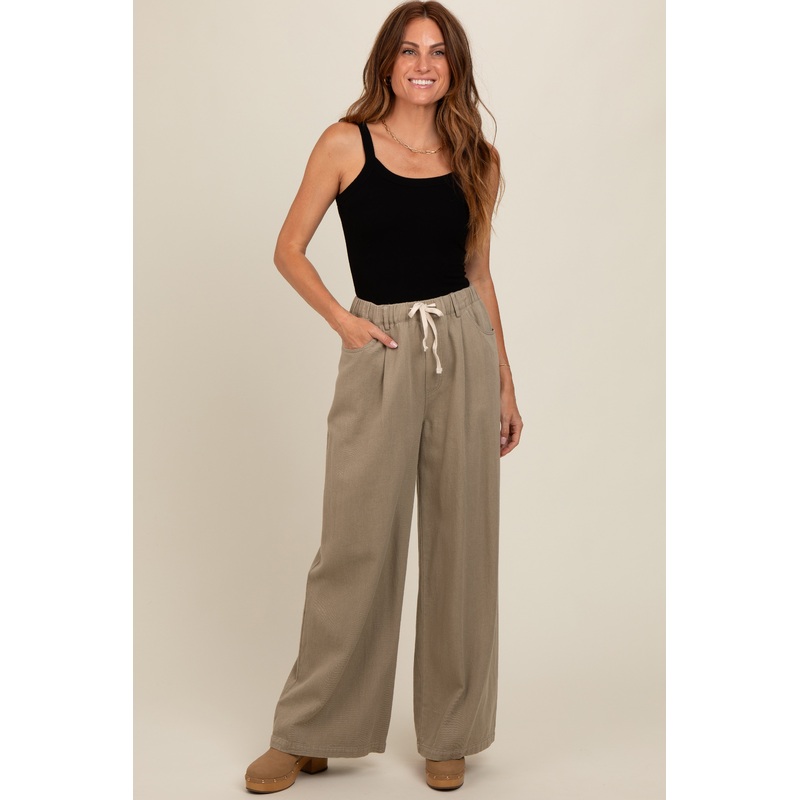 Olive Drawstring Wide Leg Pants