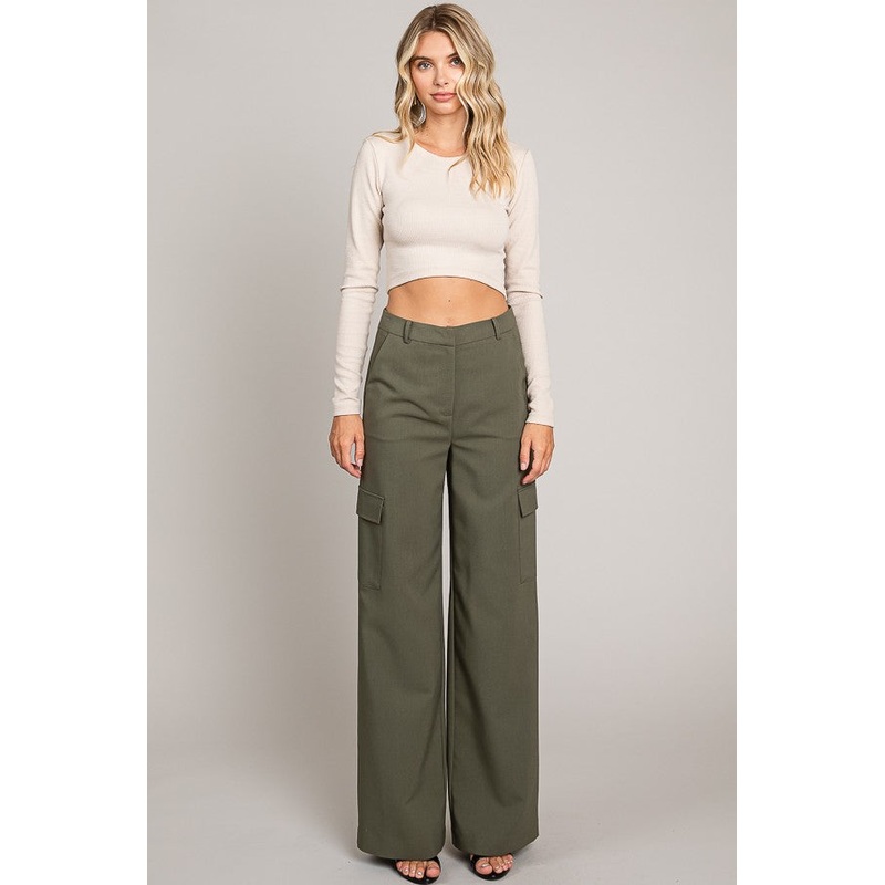 Olive Twill Wide Leg Flap Pocket Pants