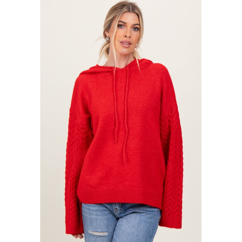 Red Mixed Knit Hooded Sweater