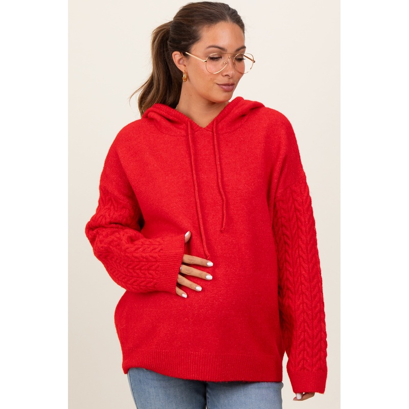 Red Mixed Knit Maternity Hooded Sweater