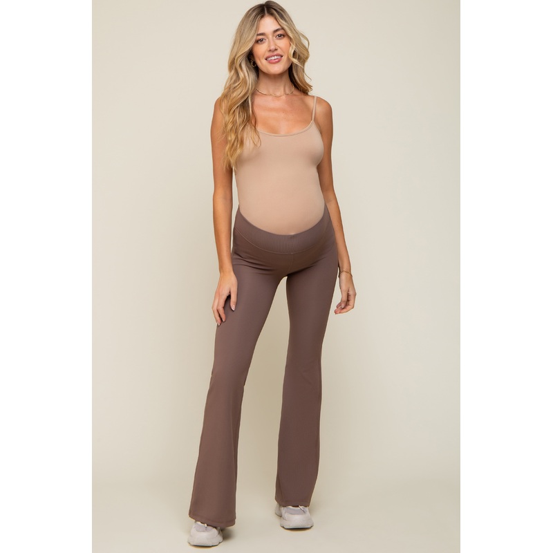 Taupe Ribbed High Waist Wide Leg Maternity Leggings