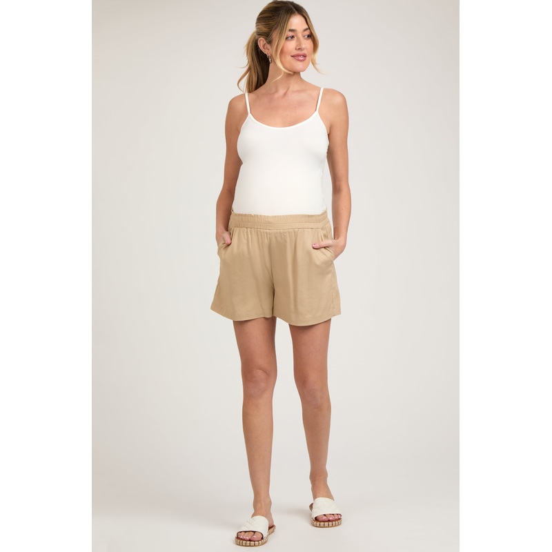 Taupe Smocked Waist Maternity Shorts