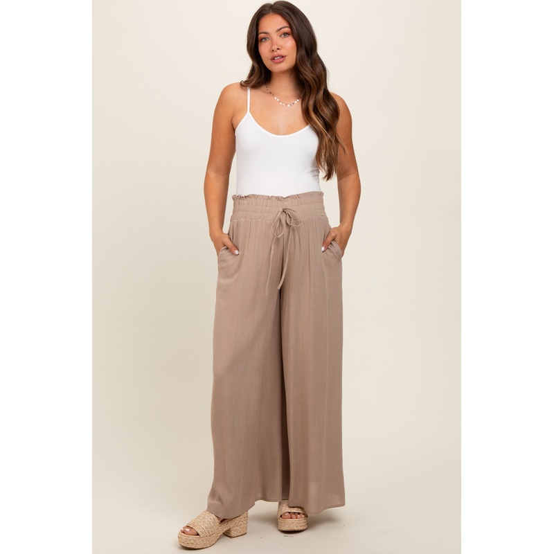 Taupe Wide Leg Smocked Lightweight Maternity Pants