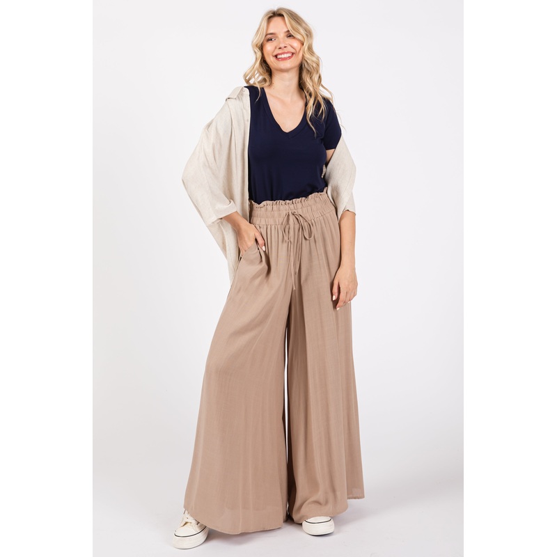 Taupe Wide Leg Smocked Lightweight Pants