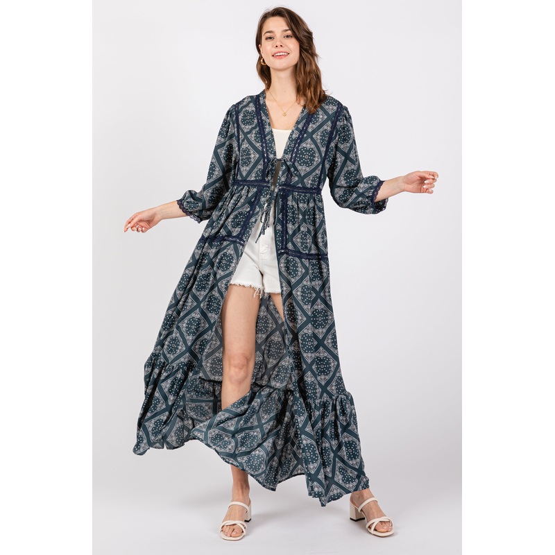 Teal Printed Tie Front Kimono Dress