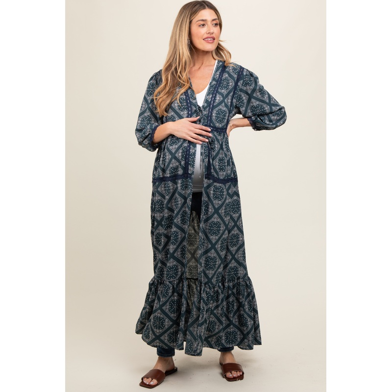 Teal Printed Tie Front Kimono Maternity Dress