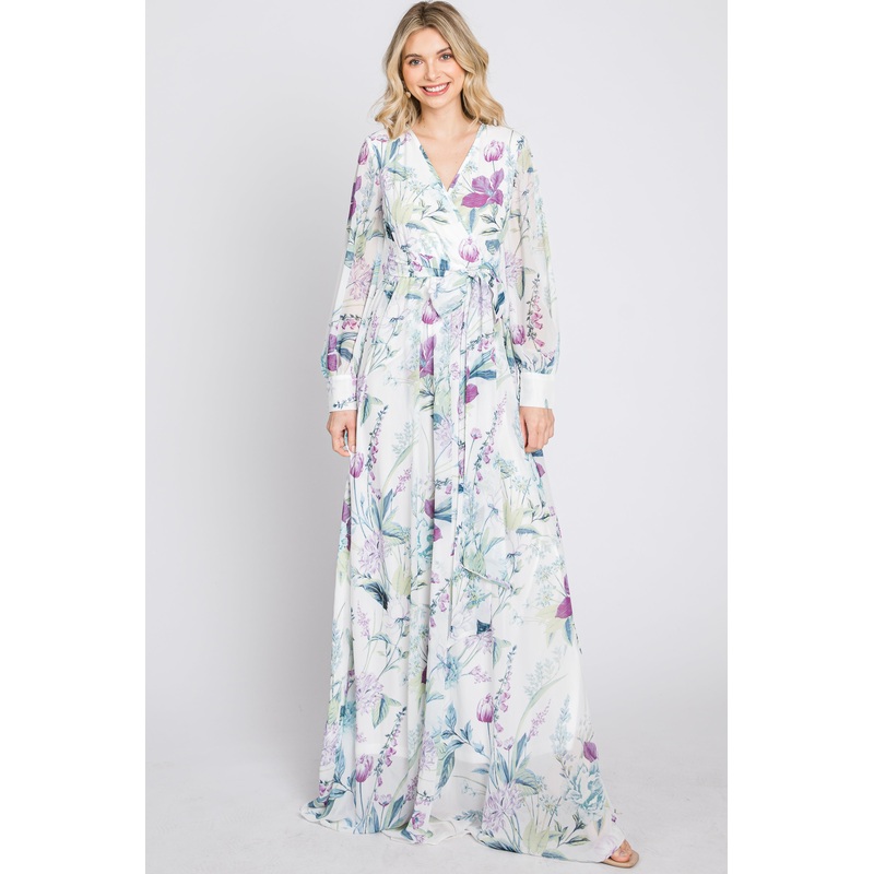White Floral Chiffon Long Sleeve Pleated Maxi Dress