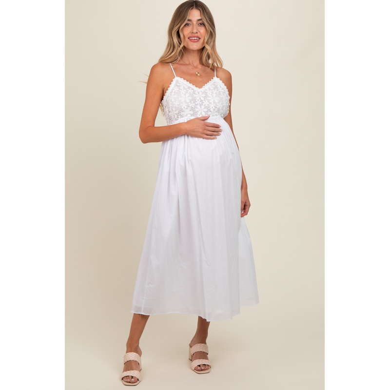 White Floral Crochet Contrast Maternity Midi Dress
