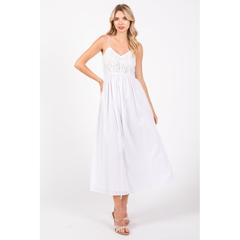 White Floral Crochet Contrast Midi Dress